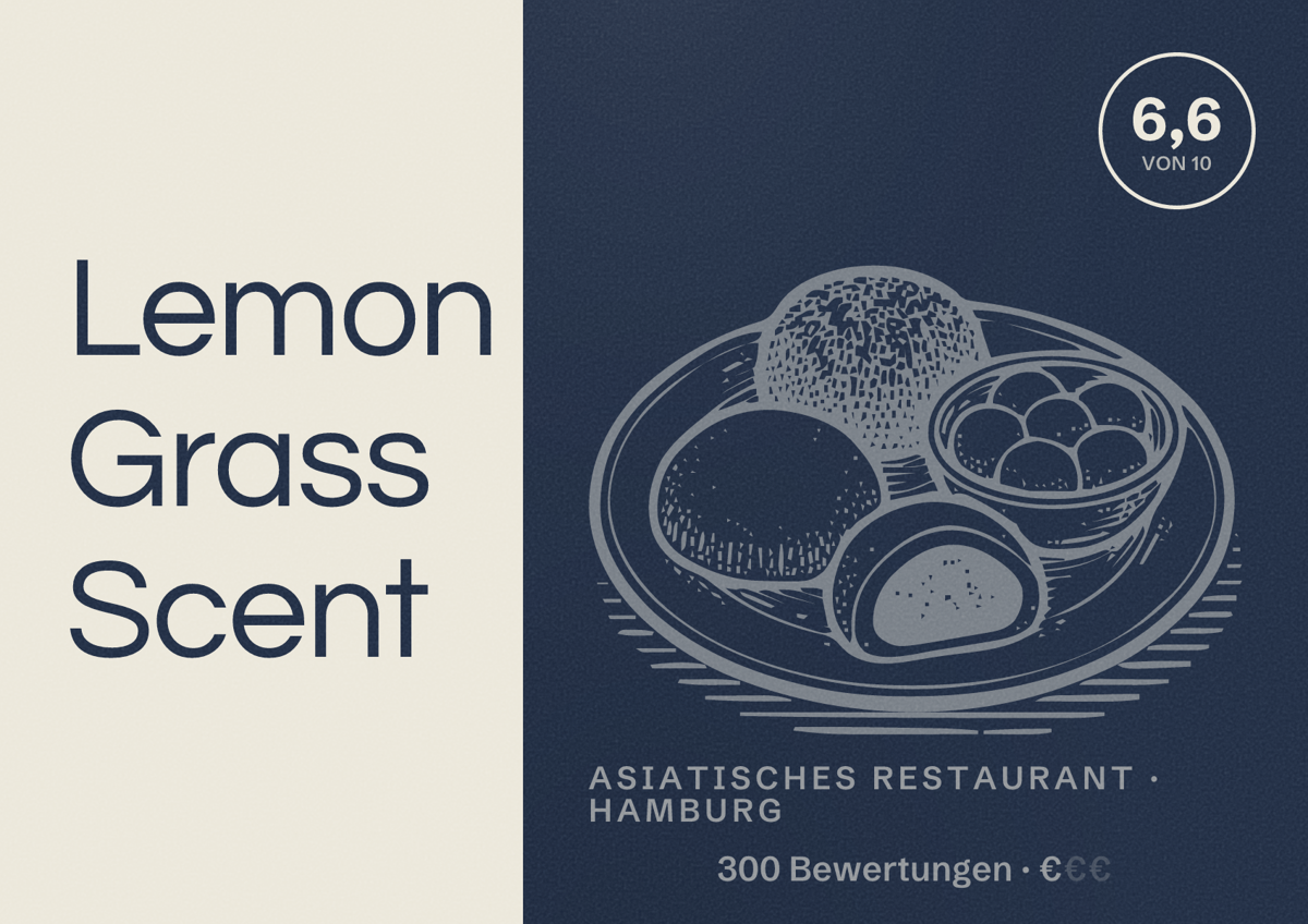 Illustriertes Poster von Lemon Grass Scent, Asiatisches Restaurant in Hamburg: Bewertung 6,6 von 10 aus 300 Bewertungen, Preisniveau €