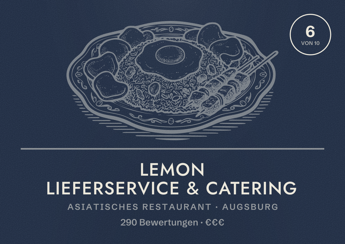 Illustriertes Poster von Lemon Lieferservice & Catering, Asiatisches Restaurant in Augsburg: Bewertung 6,0 von 10 aus 290 Bewertungen, Preisniveau €€€