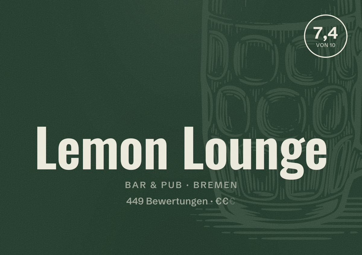 Illustriertes Poster von Lemon Lounge, Bar & Pub in Bremen: Bewertung 7,4 von 10 aus 449 Bewertungen, Preisniveau €€