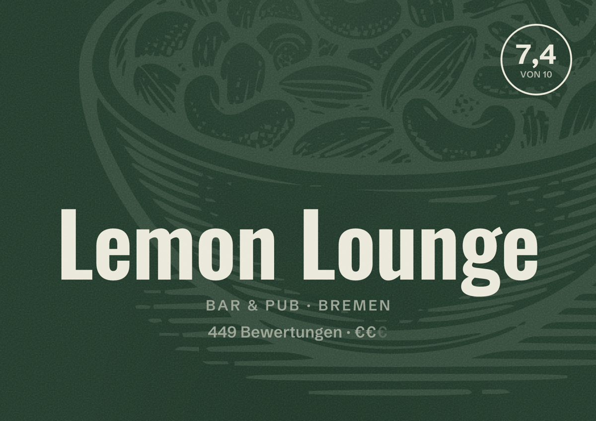 Illustriertes Poster von Lemon Lounge, Bar & Pub in Bremen: Bewertung 7,4 von 10 aus 449 Bewertungen, Preisniveau €€