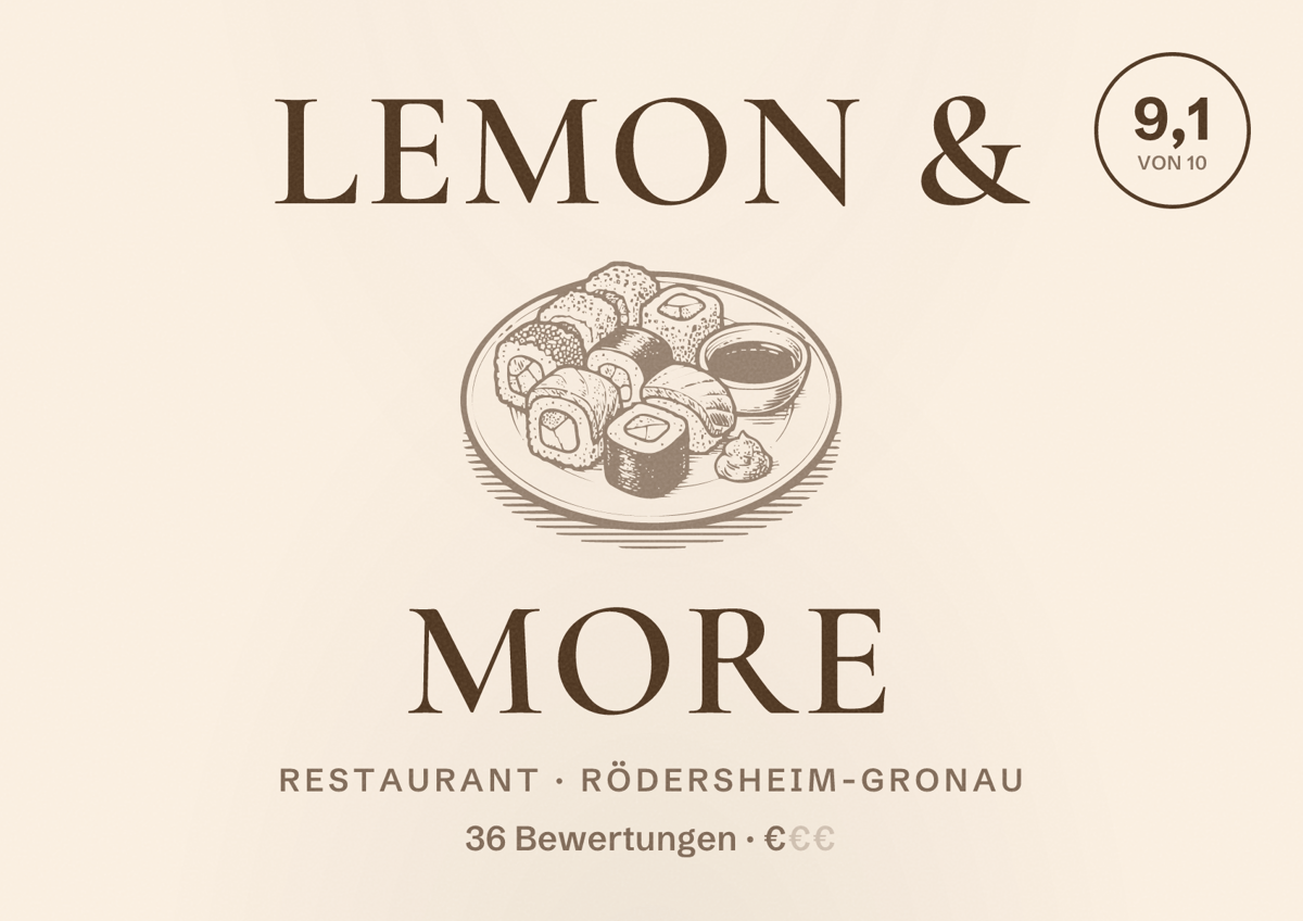 Illustriertes Poster von Lemon & more, Restaurant in Rödersheim-Gronau: Bewertung 9,1 von 10 aus 36 Bewertungen, Preisniveau €