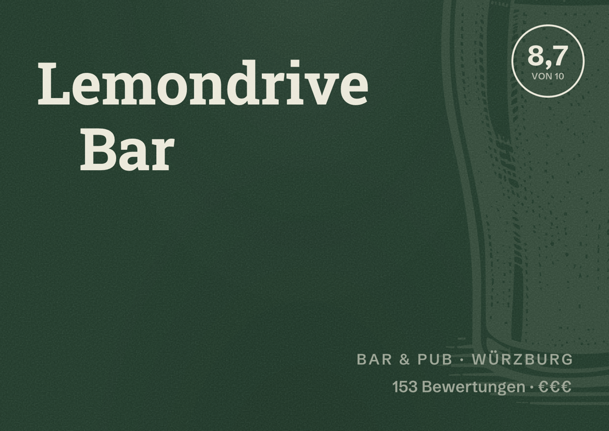 Illustriertes Poster von Lemondrive Bar, Bar & Pub in Würzburg: Bewertung 8,7 von 10 aus 153 Bewertungen, Preisniveau €€€