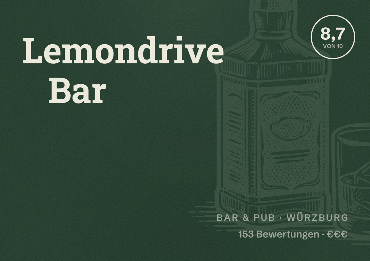 Illustriertes Poster von Lemondrive Bar, Bar & Pub in Würzburg: Bewertung 8,7 von 10 aus 153 Bewertungen, Preisniveau €€€