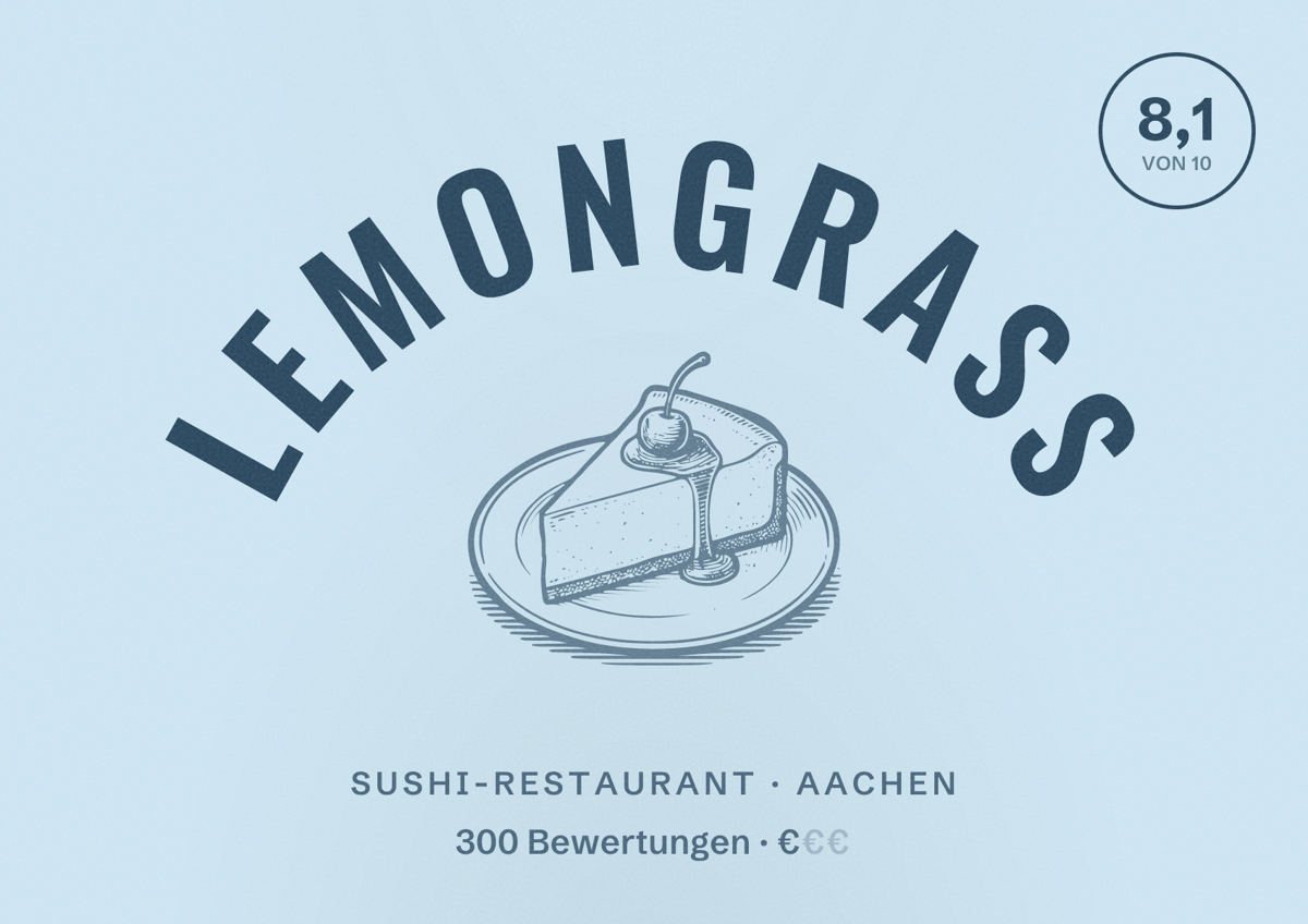 Illustriertes Poster von Lemongrass, Sushi-Restaurant in Aachen: Bewertung 8,1 von 10 aus 300 Bewertungen, Preisniveau €