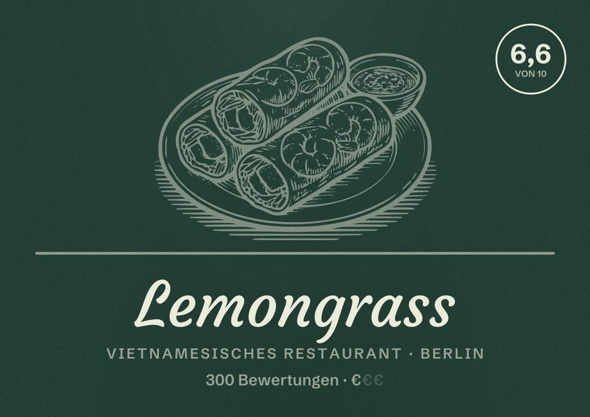 Illustriertes Poster von Lemongrass, Vietnamesisches Restaurant in Berlin: Bewertung 6,6 von 10 aus 300 Bewertungen, Preisniveau €