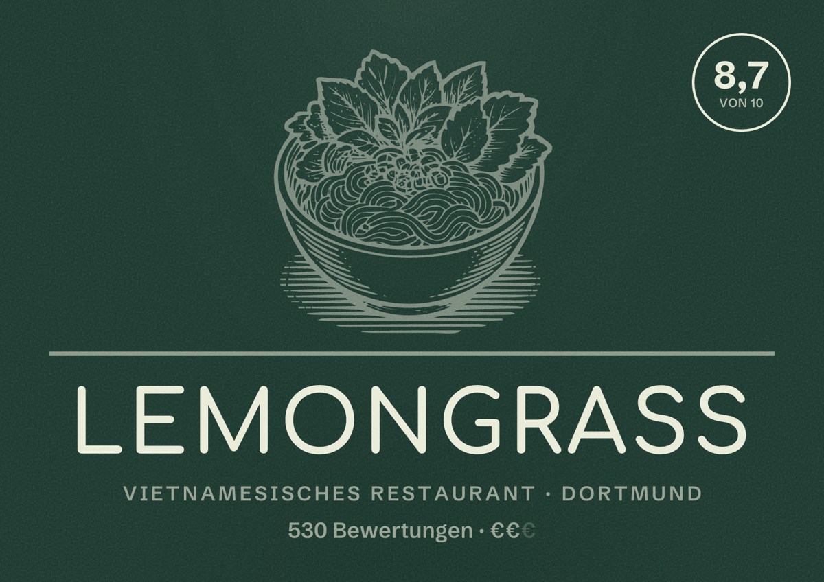 Illustriertes Poster von Lemongrass, Vietnamesisches Restaurant in Dortmund: Bewertung 8,7 von 10 aus 530 Bewertungen, Preisniveau €€
