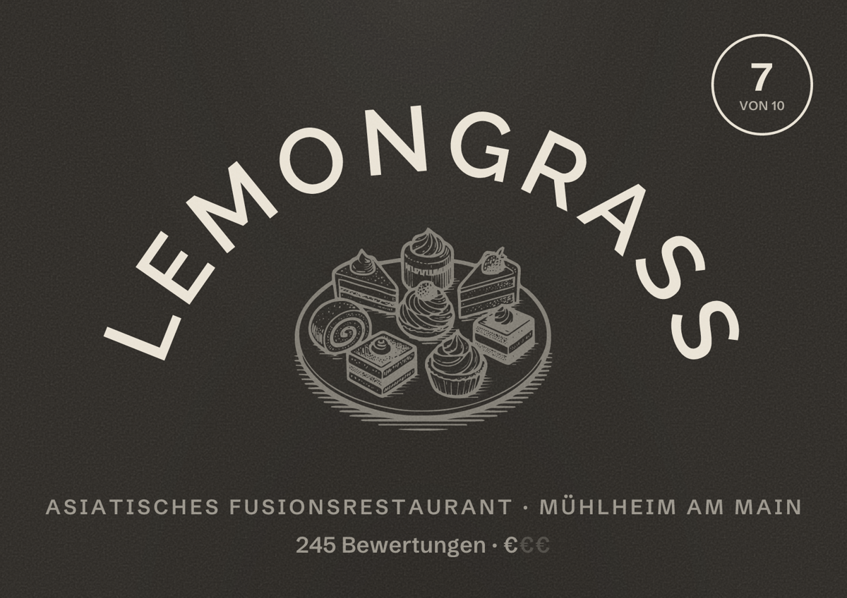 Illustriertes Poster von Lemongrass, Asiatisches Fusionsrestaurant in Mühlheim am Main: Bewertung 7 von 10 aus 245 Bewertungen, Preisniveau €