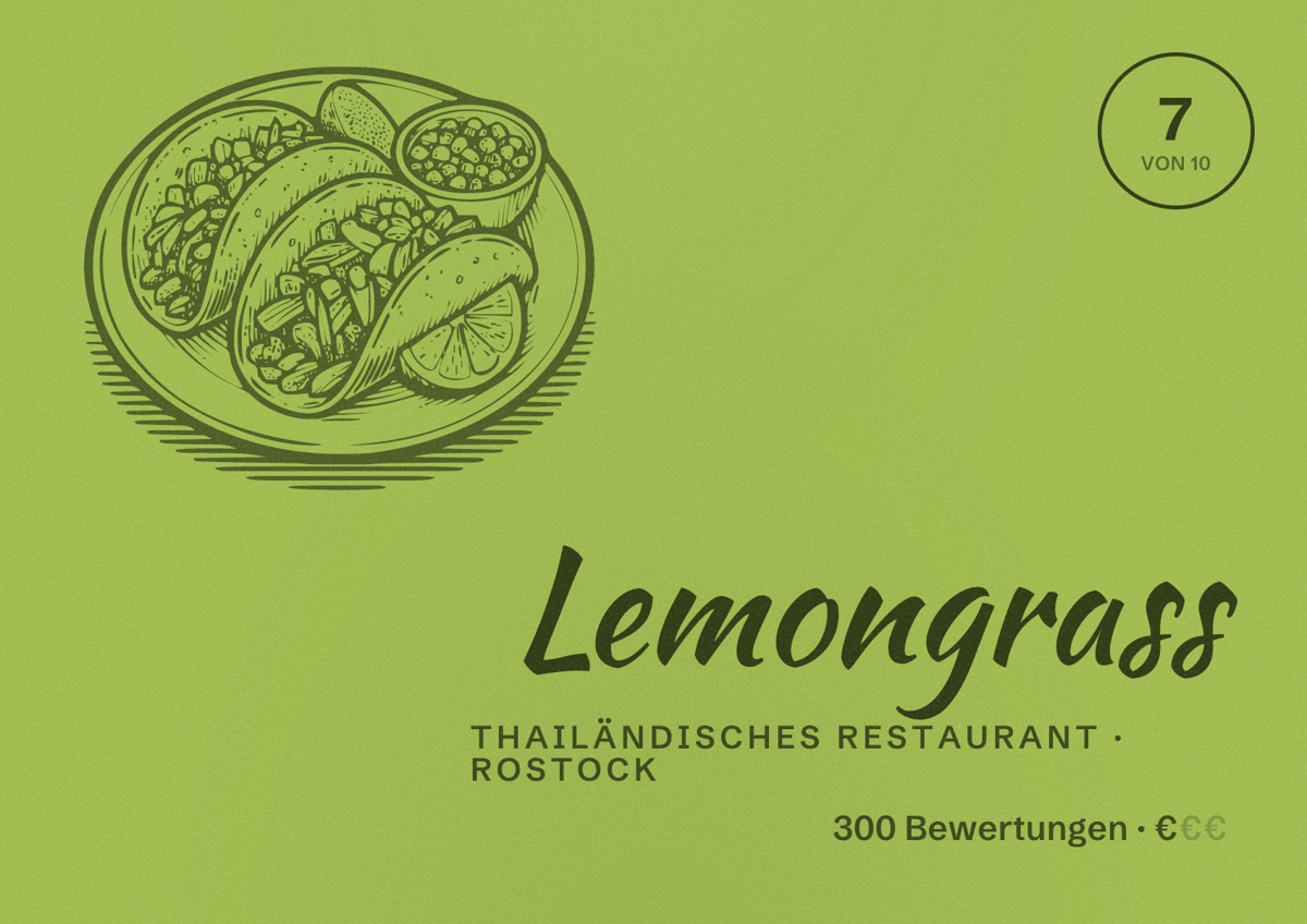 Illustriertes Poster von Lemongrass, Thailändisches Restaurant in Rostock: Bewertung 7,0 von 10 aus 300 Bewertungen, Preisniveau €