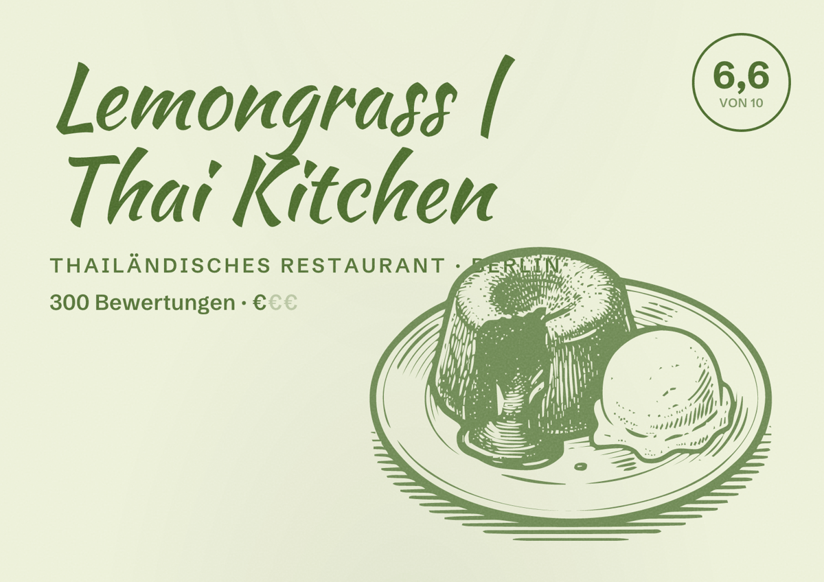 Illustriertes Poster von Lemongrass | Thai Kitchen, Thailändisches Restaurant in Berlin: Bewertung 6,6 von 10 aus 300 Bewertungen, Preisniveau €
