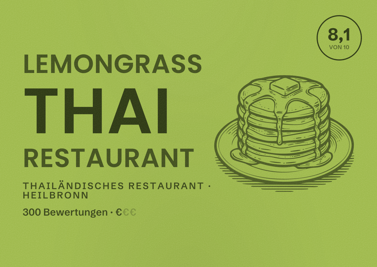 Illustriertes Poster von Lemongrass Thai Restaurant, Thailändisches Restaurant in Heilbronn: Bewertung 8,1 von 10 aus 300 Bewertungen, Preisniveau €