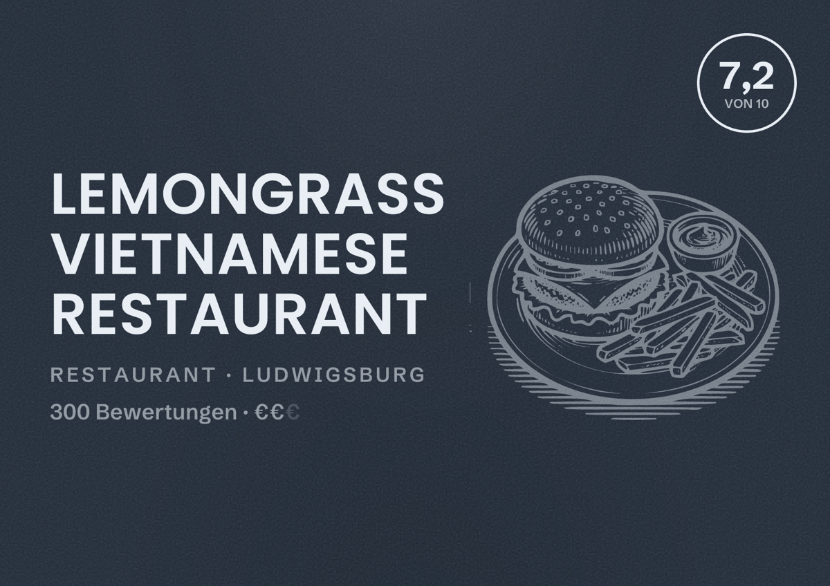 Illustriertes Poster von Lemongrass Vietnamese restaurant, Restaurant in Ludwigsburg: Bewertung 7,2 von 10 aus 300 Bewertungen, Preisniveau €€