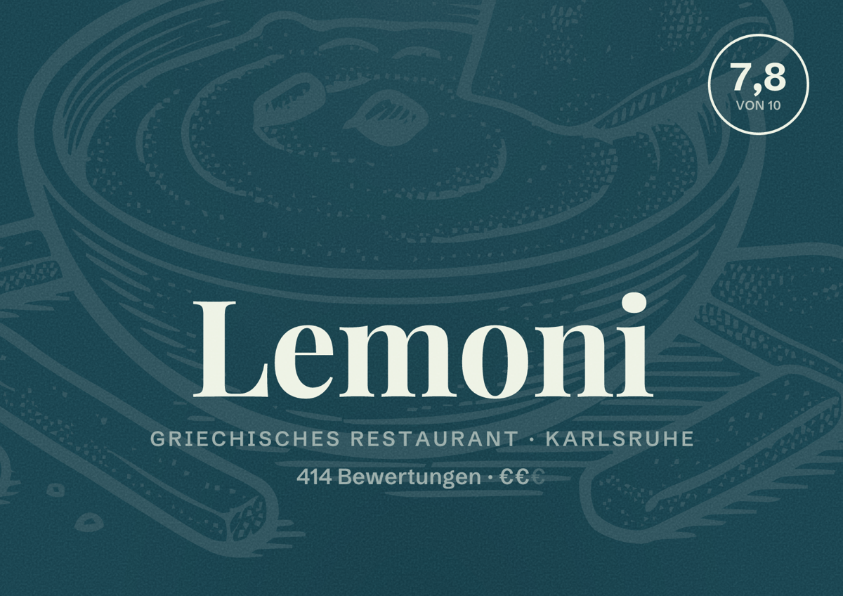 Illustriertes Poster von Lemoni, Griechisches Restaurant in Karlsruhe: Bewertung 7,8 von 10 aus 414 Bewertungen, Preisniveau €€