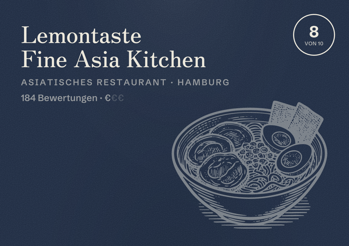Illustriertes Poster von Lemontaste Fine Asia Kitchen, Asiatisches Restaurant in Hamburg: Bewertung 8,0 von 10 aus 184 Bewertungen, Preisniveau €