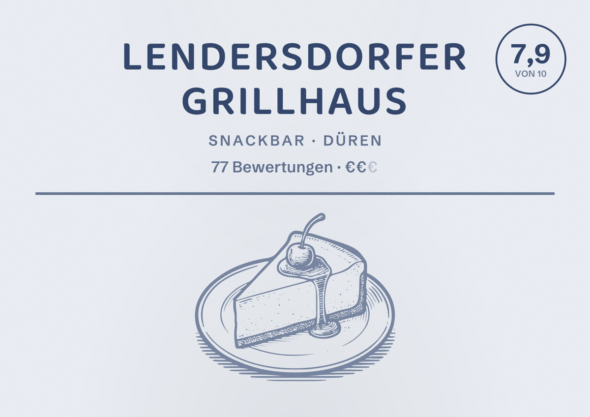 Illustriertes Poster von Lendersdorfer Grillhaus, Snackbar in Düren: Bewertung 7,9 von 10 aus 77 Bewertungen, Preisniveau €€
