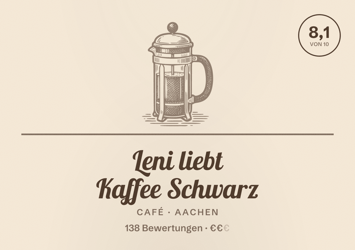 Illustriertes Poster von Leni liebt Kaffee Schwarz, Café in Aachen: Bewertung 8,1 von 10 aus 138 Bewertungen, Preisniveau €€