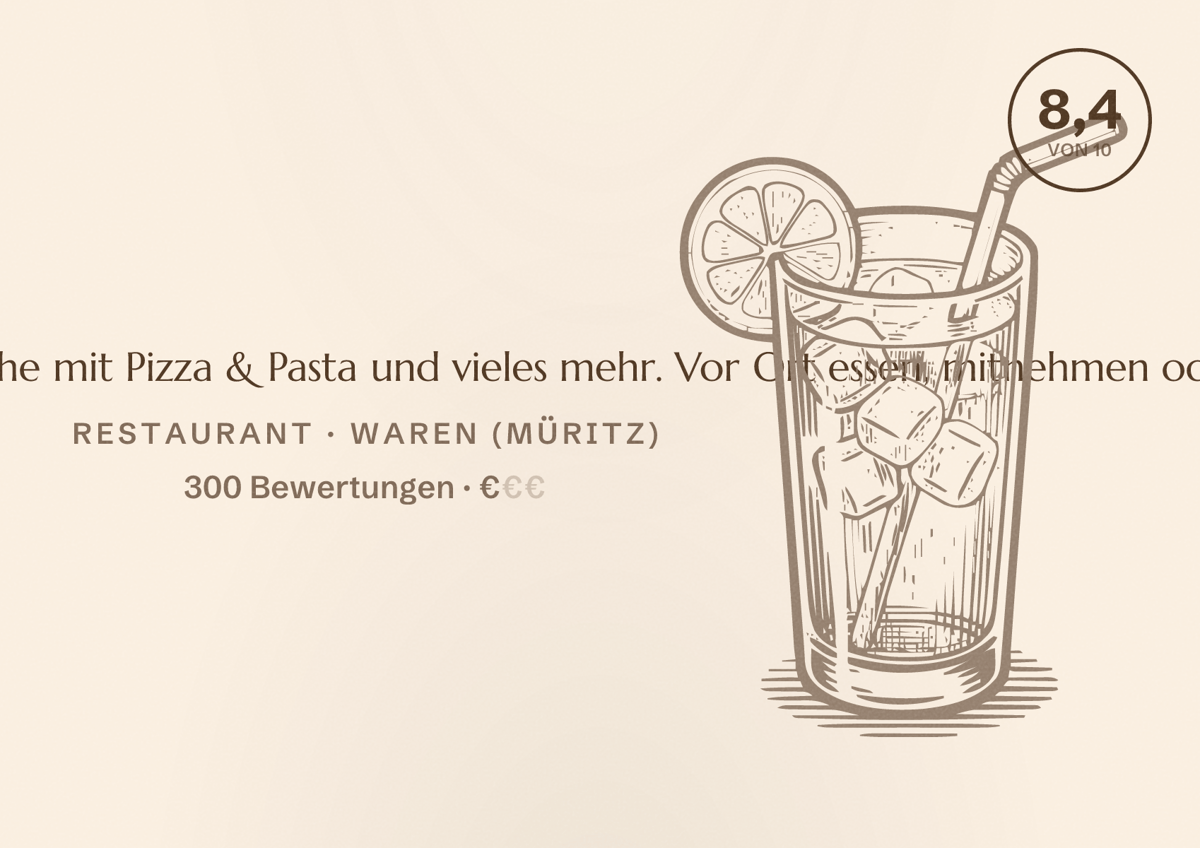 Illustriertes Poster von LENK’S Restaurant in Waren (Müritz) Küche mit Pizza & Pasta und vieles mehr. Vor Ort essen, mitnehmen oder liefern lassen., Restaurant in Waren (Müritz): Bewertung 8,4 von 10 aus 300 Bewertungen, Preisniveau €