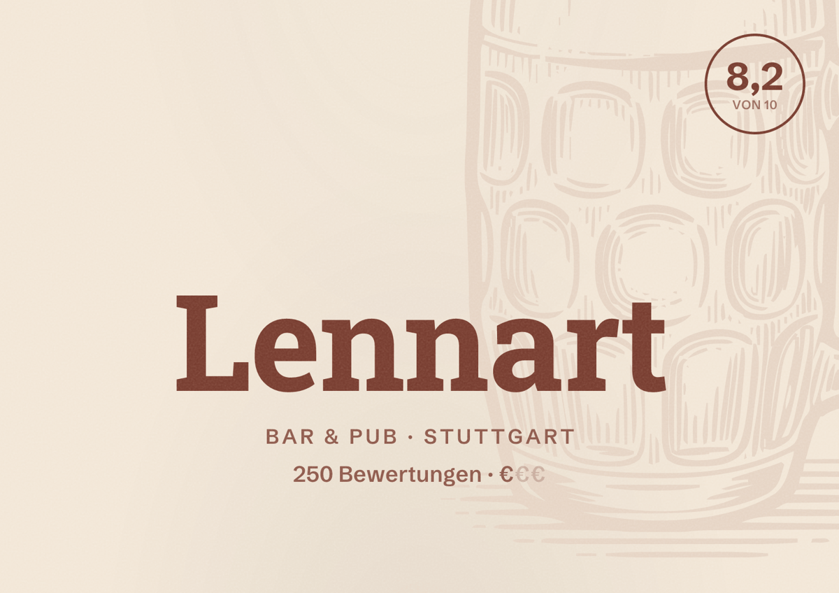 Illustriertes Poster von Lennart, Bar & Pub in Stuttgart: Bewertung 8,2 von 10 aus 250 Bewertungen, Preisniveau €