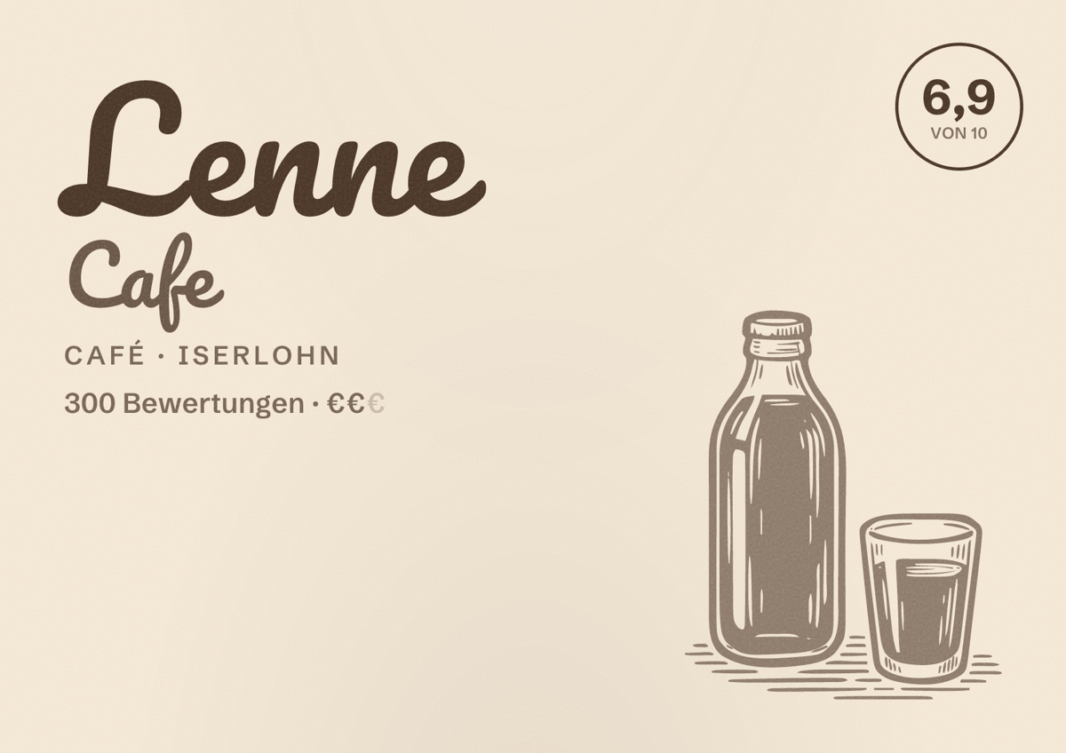 Illustriertes Poster von Lenne Cafe, Café in Iserlohn: Bewertung 6,9 von 10 aus 300 Bewertungen, Preisniveau €€
