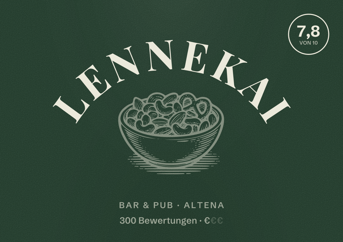 Illustriertes Poster von Lennekai, Bar & Pub in Altena: Bewertung 7,8 von 10 aus 300 Bewertungen, Preisniveau €