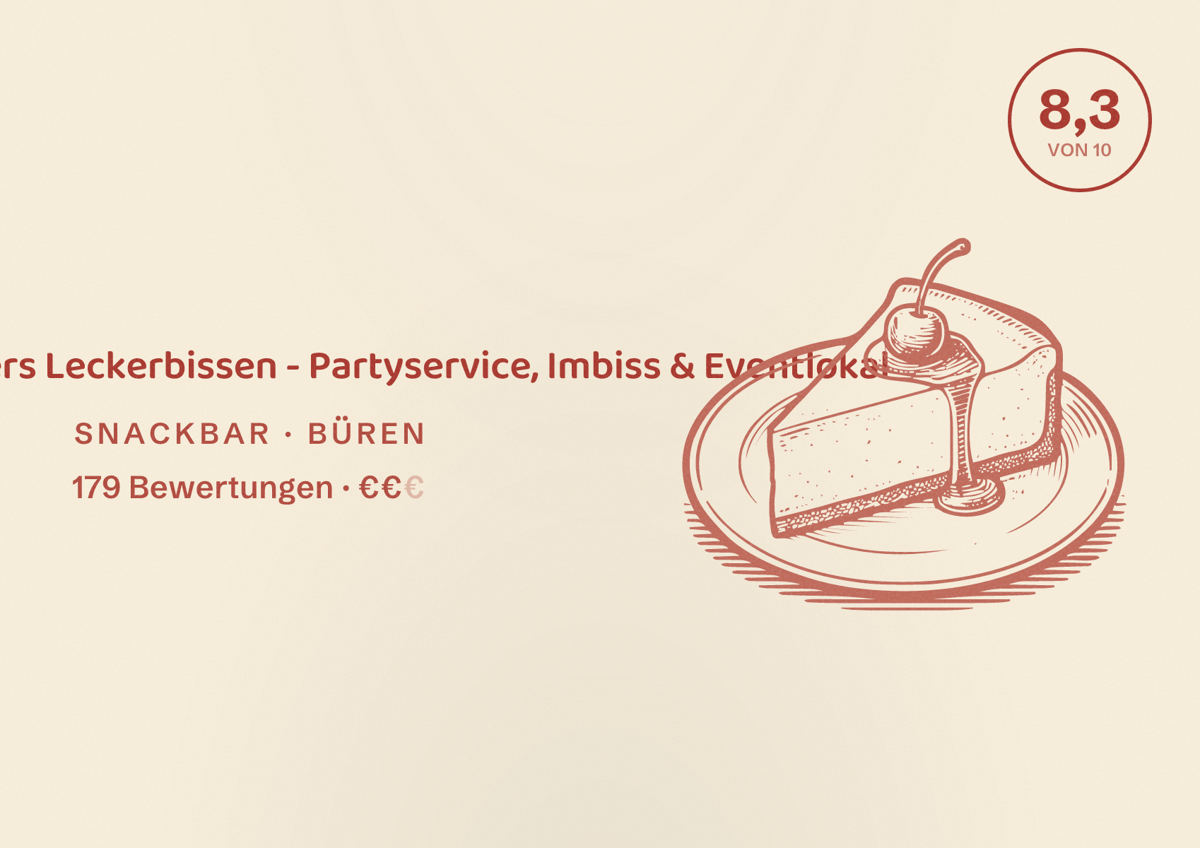 Illustriertes Poster von Lennigers Leckerbissen - Partyservice, Imbiss & Eventlokal, Snackbar in Büren: Bewertung 8,3 von 10 aus 179 Bewertungen, Preisniveau €€