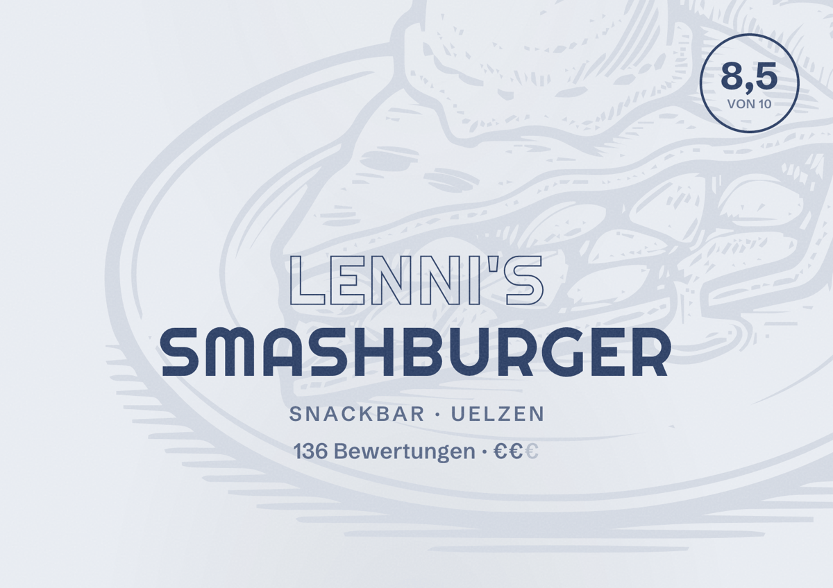 Illustriertes Poster von Lenni's Smashburger, Snackbar in Uelzen: Bewertung 8,5 von 10 aus 136 Bewertungen, Preisniveau €€