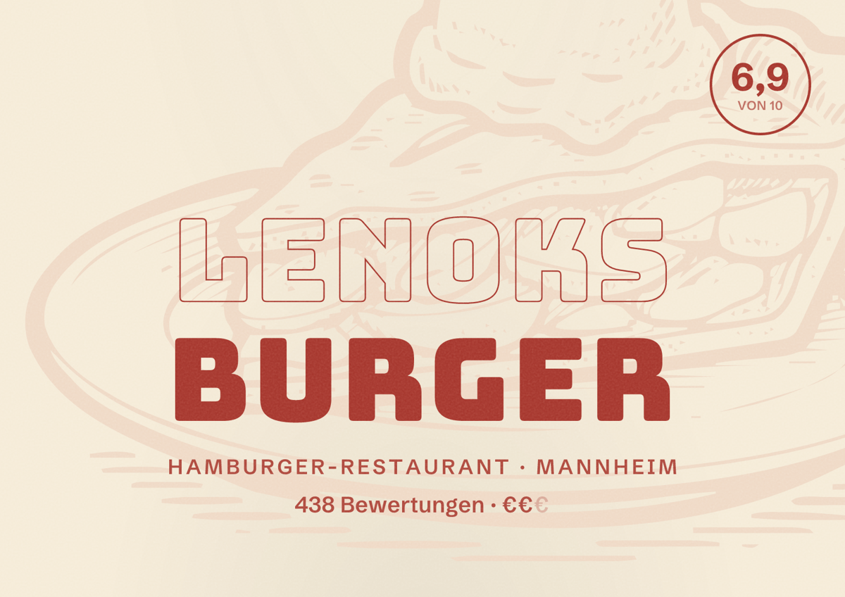 Illustriertes Poster von Lenoks Burger, Hamburger-Restaurant in Mannheim: Bewertung 6,9 von 10 aus 438 Bewertungen, Preisniveau €€
