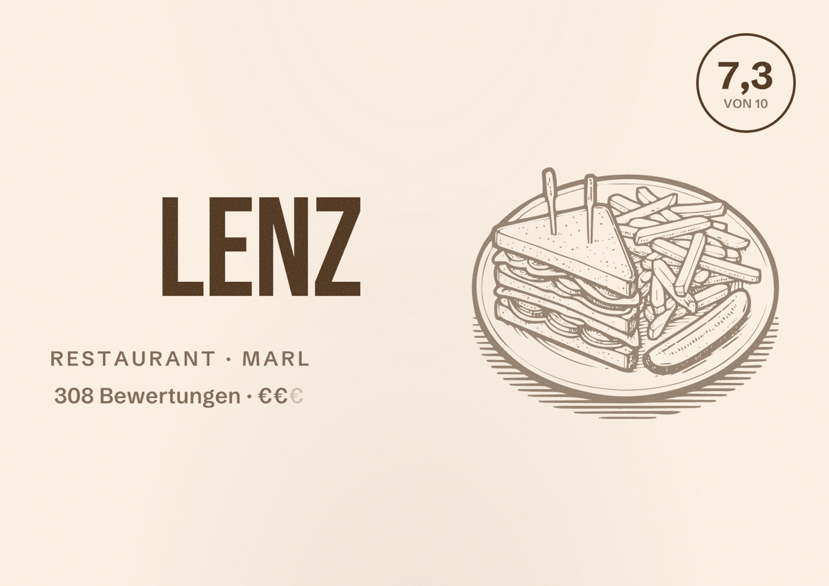Illustriertes Poster von Lenz, Restaurant in Marl: Bewertung 7,3 von 10 aus 308 Bewertungen, Preisniveau €€