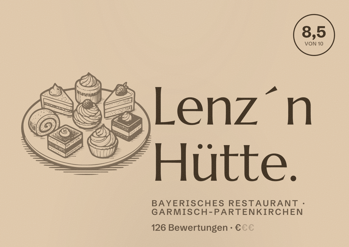 Illustriertes Poster von Lenz´n Hütte., Bayerisches Restaurant in Garmisch-Partenkirchen: Bewertung 8,5 von 10 aus 126 Bewertungen, Preisniveau €