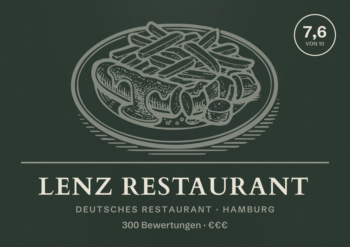 Illustriertes Poster von Lenz Restaurant, Deutsches Restaurant in Hamburg: Bewertung 7,6 von 10 aus 300 Bewertungen, Preisniveau €€€