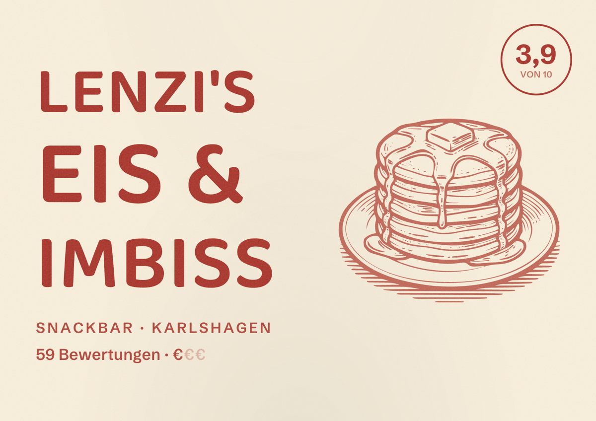Illustriertes Poster von Lenzi's Eis & Imbiss, Snackbar in Karlshagen: Bewertung 3,9 von 10 aus 59 Bewertungen, Preisniveau €