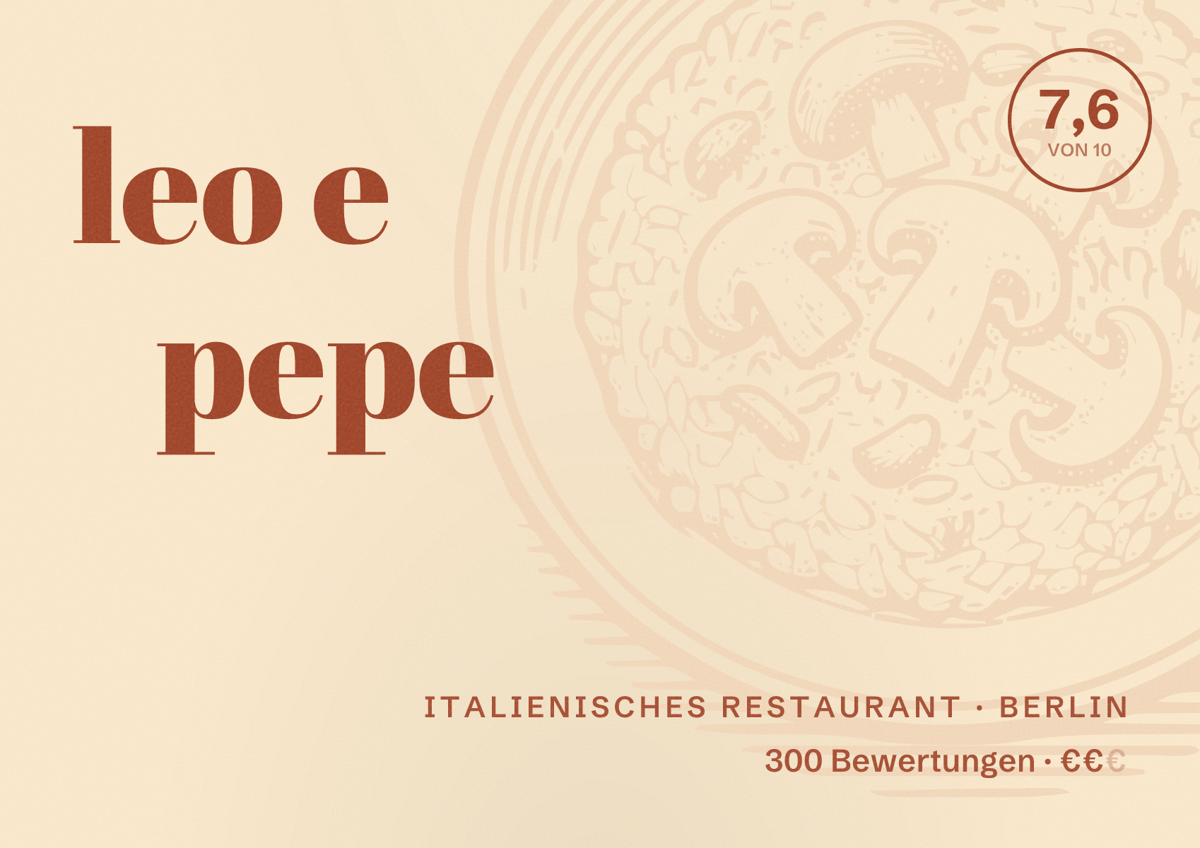 Illustriertes Poster von leo e pepe, Italienisches Restaurant in Berlin: Bewertung 7,6 von 10 aus 300 Bewertungen, Preisniveau €€