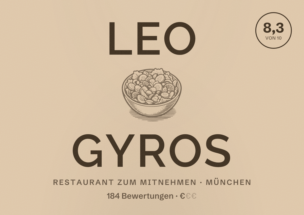 Illustriertes Poster von Leo gyros, Restaurant zum Mitnehmen in München: Bewertung 8,3 von 10 aus 184 Bewertungen, Preisniveau €