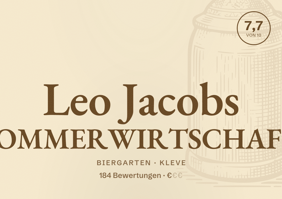 Illustriertes Poster von Leo Jacobs SOMMERWIRTSCHAFT, Biergarten in Kleve: Bewertung 7,7 von 10 aus 184 Bewertungen, Preisniveau €
