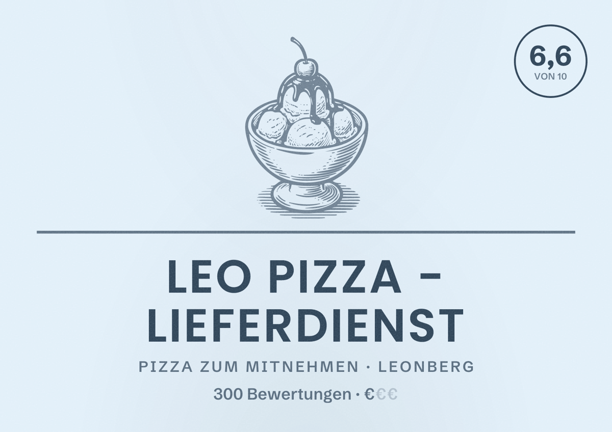 Illustriertes Poster von Leo Pizza - Lieferdienst, Pizza zum Mitnehmen in Leonberg: Bewertung 6,6 von 10 aus 300 Bewertungen, Preisniveau €