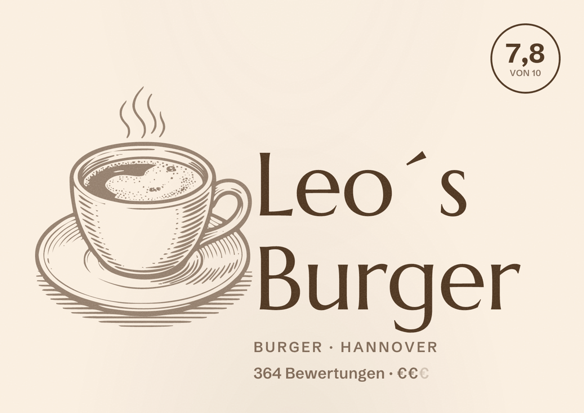 Illustriertes Poster von Leo´s Burger, Burger in Hannover: Bewertung 7,8 von 10 aus 364 Bewertungen, Preisniveau €€
