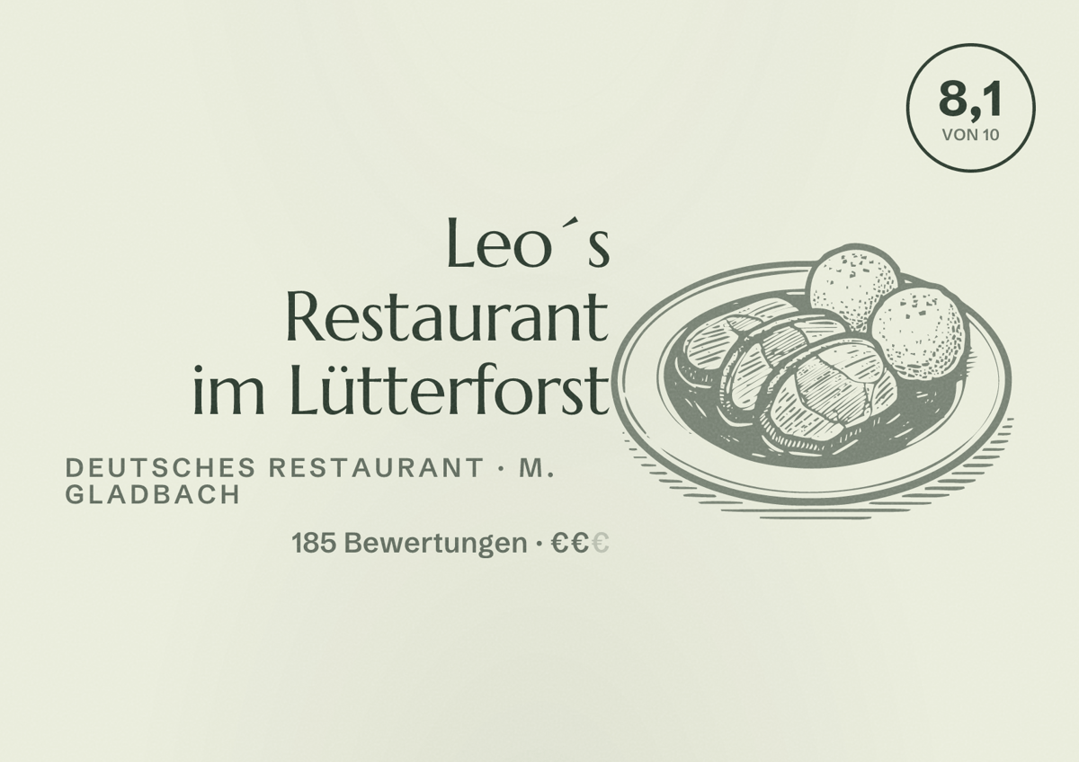 Illustriertes Poster von Leo´s Restaurant im Lütterforst, Deutsches Restaurant in M. Gladbach: Bewertung 8,1 von 10 aus 185 Bewertungen, Preisniveau €€
