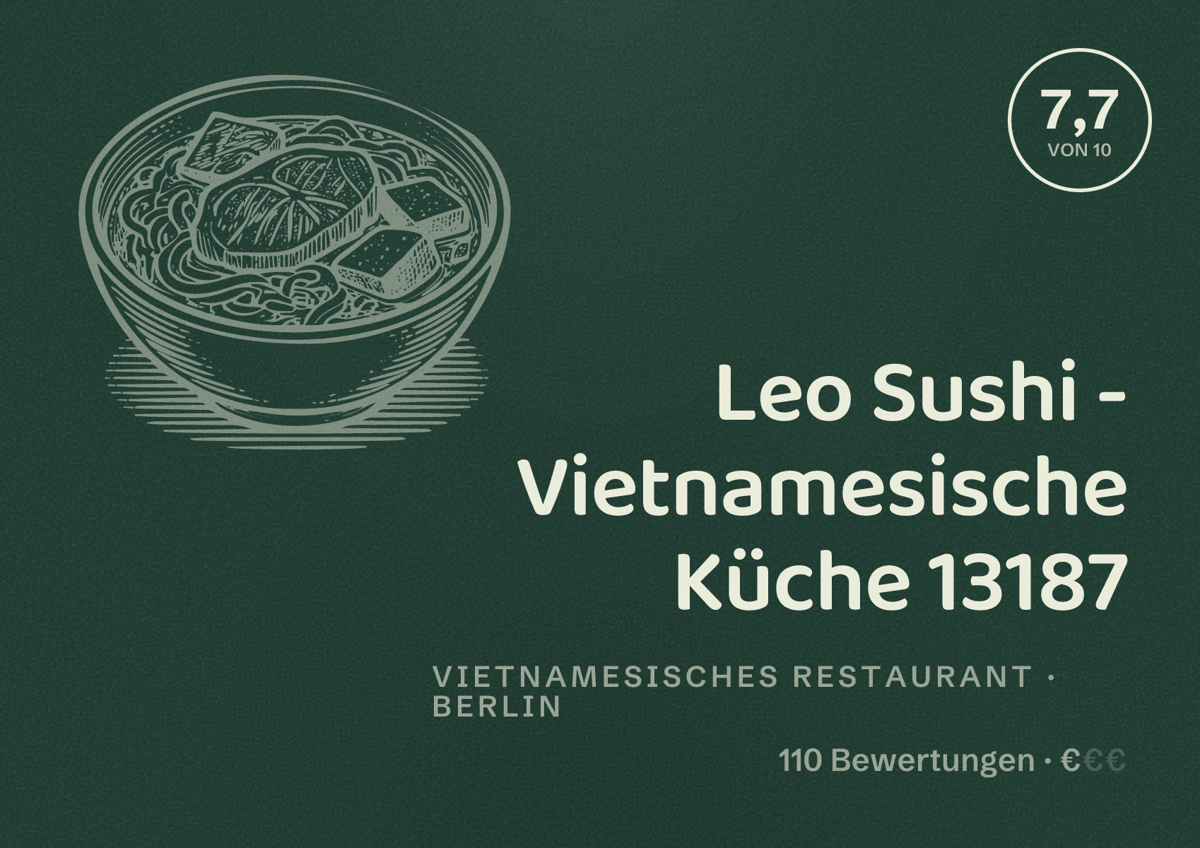 Illustriertes Poster von Leo Sushi - Vietnamesische Küche 13187, Vietnamesisches Restaurant in Berlin: Bewertung 7,7 von 10 aus 110 Bewertungen, Preisniveau €
