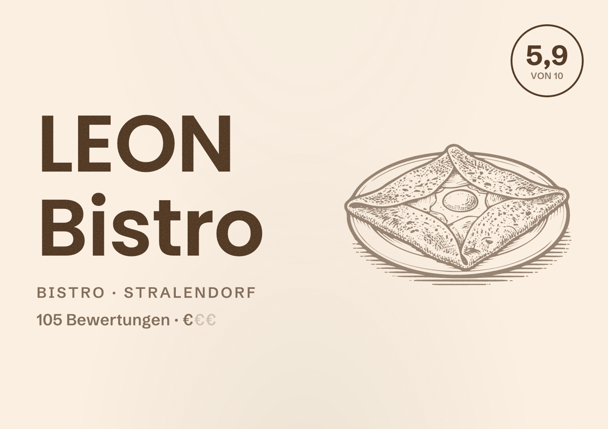 Illustriertes Poster von LEON Bistro, Bistro in Stralendorf: Bewertung 5,9 von 10 aus 105 Bewertungen, Preisniveau €