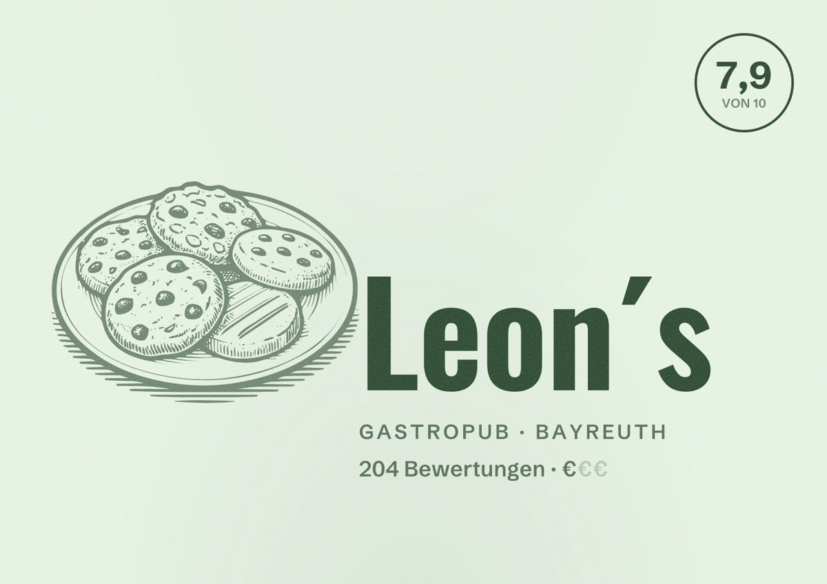 Illustriertes Poster von Leon´s, Gastropub in Bayreuth: Bewertung 7,9 von 10 aus 204 Bewertungen, Preisniveau €