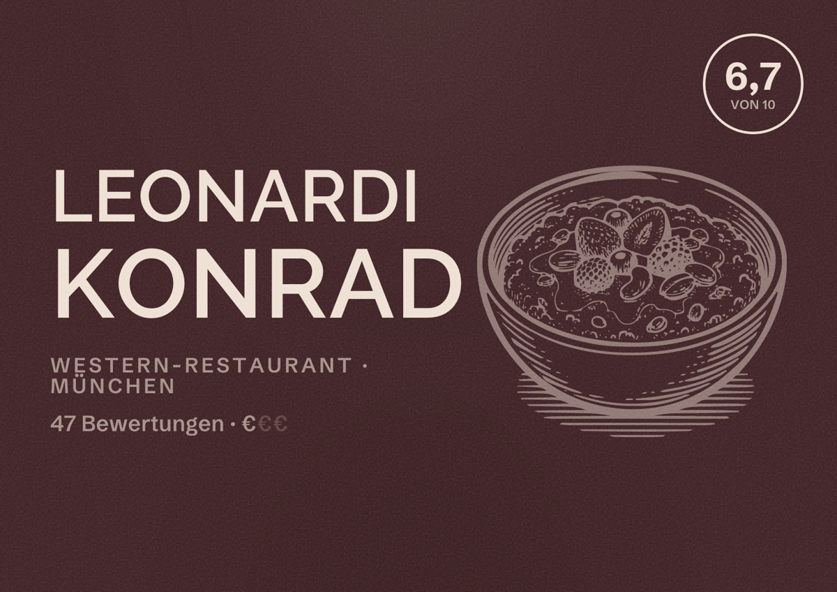 Illustriertes Poster von leonardi KONRAD, Western-Restaurant in München: Bewertung 6,7 von 10 aus 47 Bewertungen, Preisniveau €
