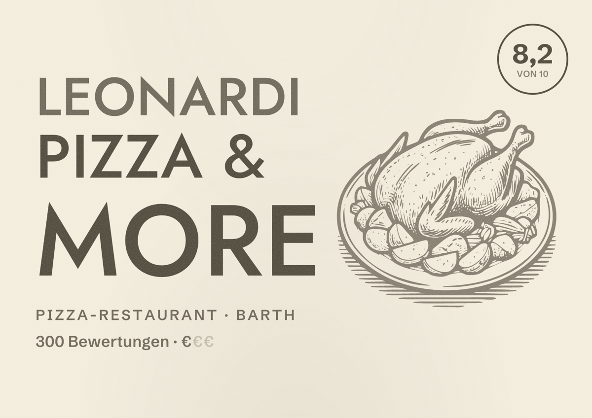 Illustriertes Poster von Leonardi Pizza & More, Pizza-Restaurant in Barth: Bewertung 8,2 von 10 aus 300 Bewertungen, Preisniveau €