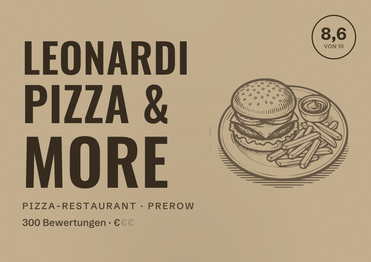 Illustriertes Poster von Leonardi Pizza & More, Pizza-Restaurant in Prerow: Bewertung 8,6 von 10 aus 300 Bewertungen, Preisniveau €