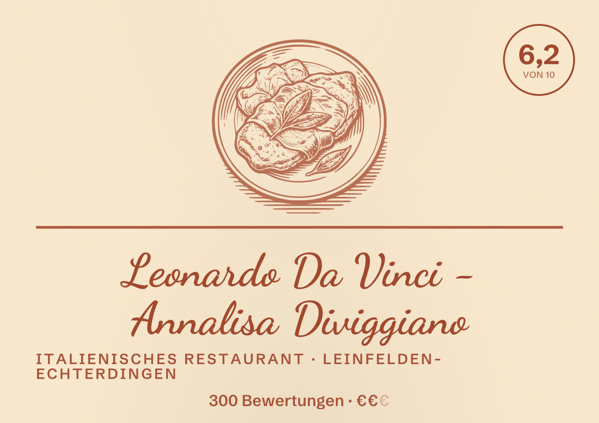 Illustriertes Poster von Leonardo Da Vinci - Annalisa Diviggiano, Italienisches Restaurant in Leinfelden-Echterdingen: Bewertung 6,2 von 10 aus 300 Bewertungen, Preisniveau €€