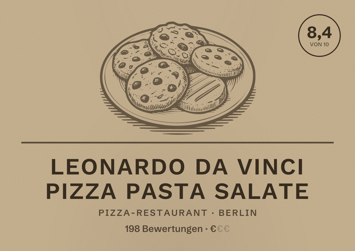 Illustriertes Poster von Leonardo Da Vinci Pizza Pasta Salate, Pizza-Restaurant in Berlin: Bewertung 8,4 von 10 aus 198 Bewertungen, Preisniveau €