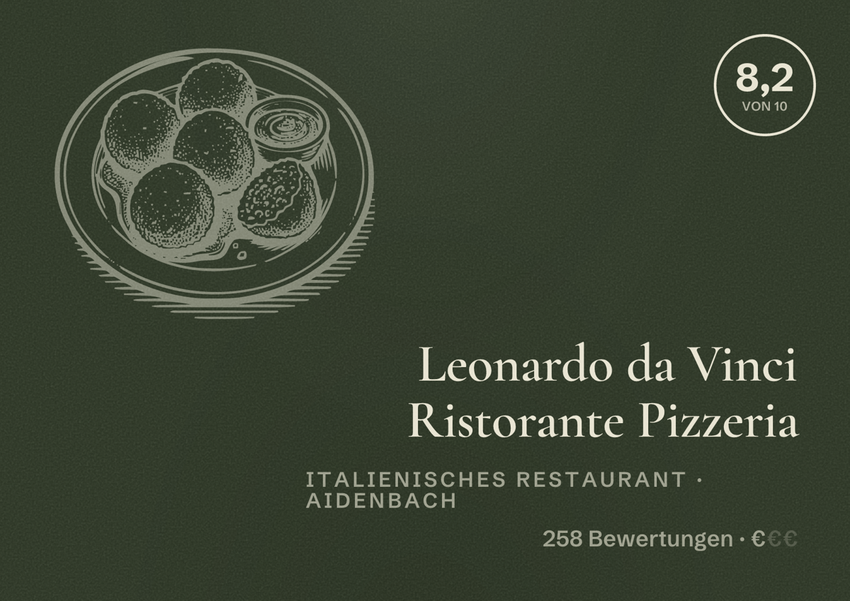 Illustriertes Poster von Leonardo da Vinci Ristorante Pizzeria, Italienisches Restaurant in Aidenbach: Bewertung 8,2 von 10 aus 258 Bewertungen, Preisniveau €