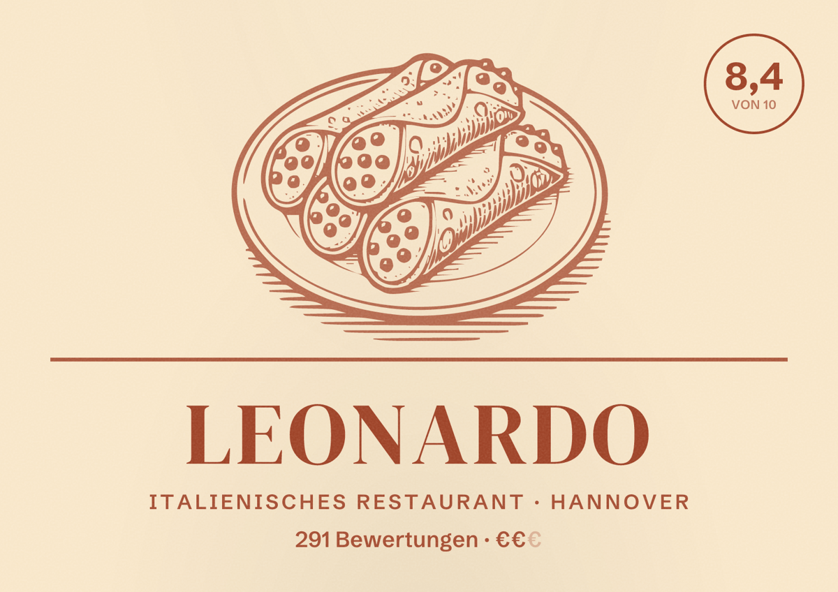 Illustriertes Poster von Leonardo, Italienisches Restaurant in Hannover: Bewertung 8,4 von 10 aus 291 Bewertungen, Preisniveau €€