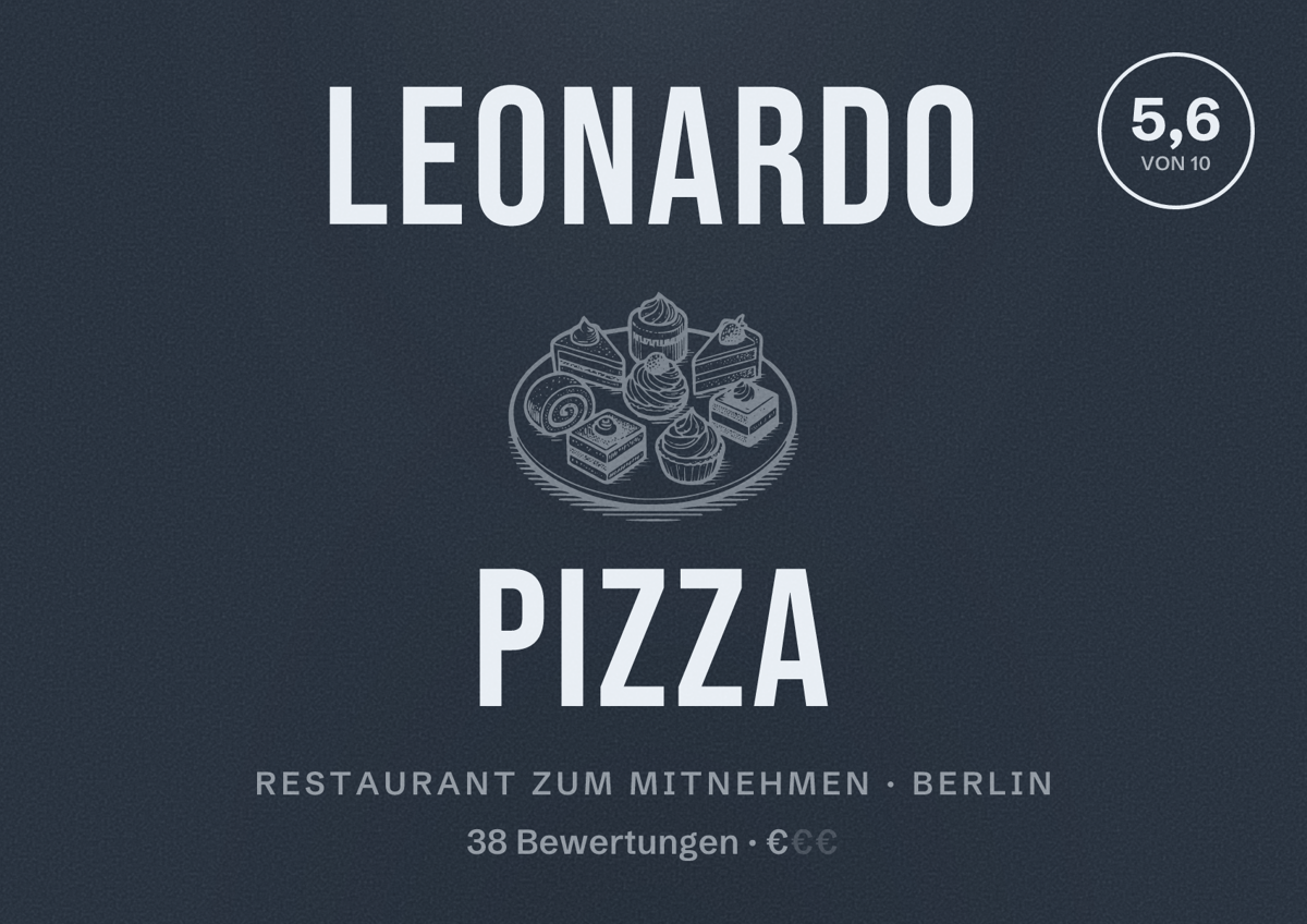 Illustriertes Poster von Leonardo Pizza, Restaurant zum Mitnehmen in Berlin: Bewertung 5,6 von 10 aus 38 Bewertungen, Preisniveau €