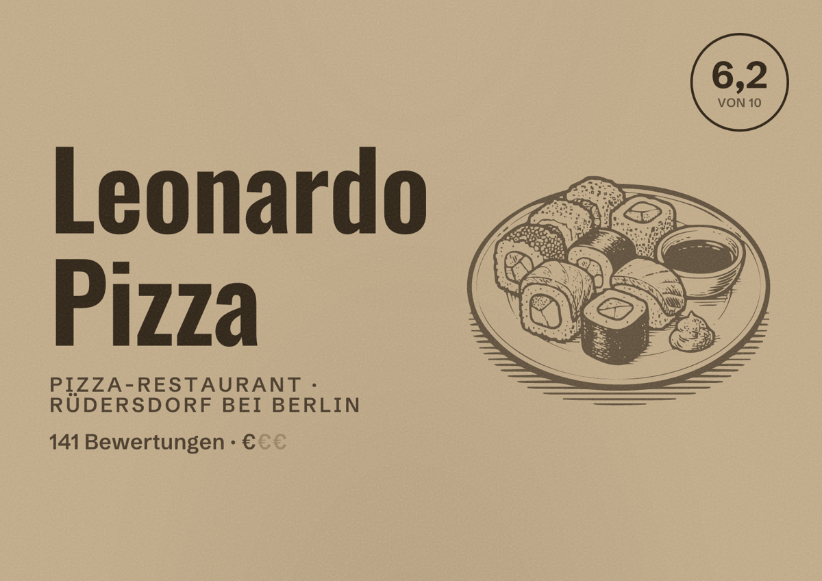 Illustriertes Poster von Leonardo Pizza, Pizza-Restaurant in Rüdersdorf bei Berlin: Bewertung 6,2 von 10 aus 141 Bewertungen, Preisniveau €