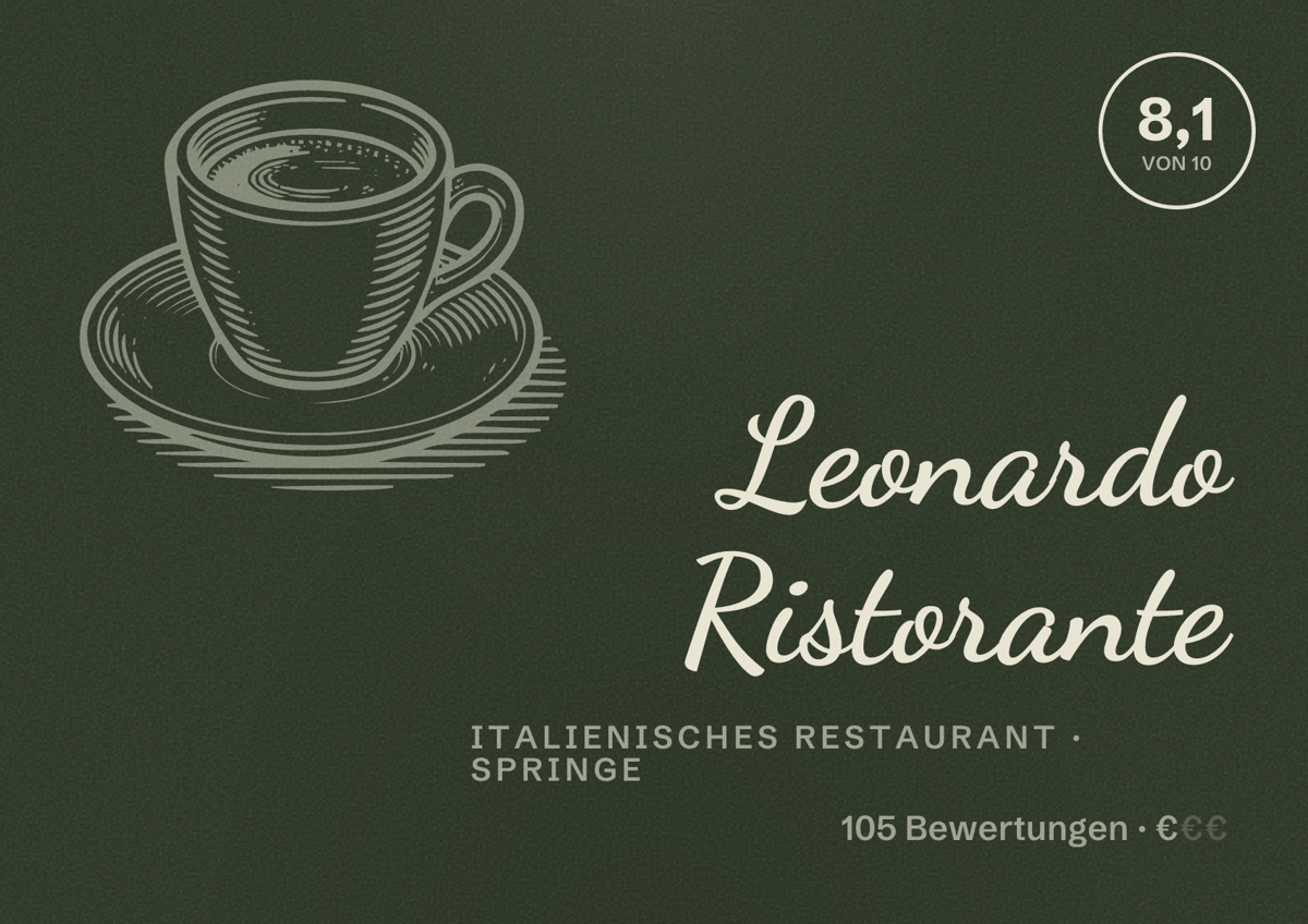Illustriertes Poster von Leonardo Ristorante, Italienisches Restaurant in Springe: Bewertung 8,1 von 10 aus 105 Bewertungen, Preisniveau €