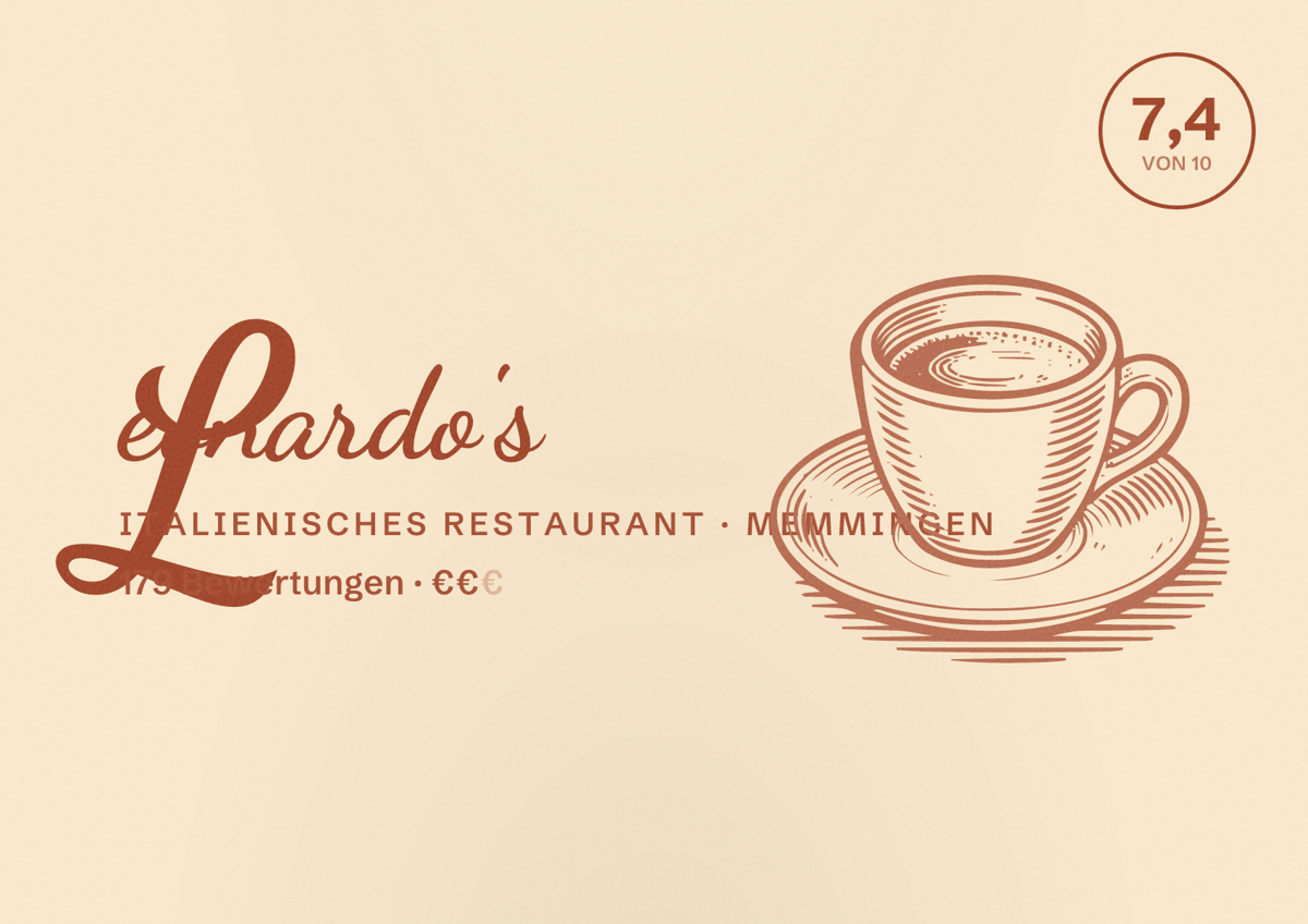 Illustriertes Poster von Leonardo's, Italienisches Restaurant in Memmingen: Bewertung 7,4 von 10 aus 179 Bewertungen, Preisniveau €€
